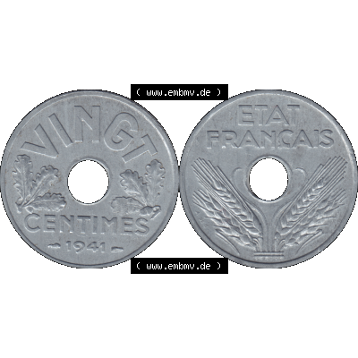 Münzen Frankreich Umlaufmünze in PNG einer Münze aus Frankreich 1941-1941, VINGT 20 Centimes, Cent-01. Vorderseite und Rückseite horizontal auf einen digitalen Bild... Sammlung