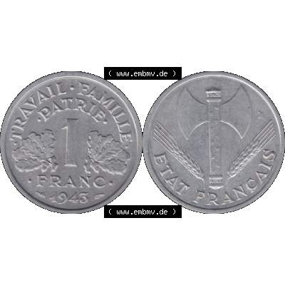 Münzen Frankreich Umlaufmünze in PNG einer Münze aus Frankreich 1942-1944, 1 Franc, Franken 1943-01. Vorderseite und Rückseite horizontal auf einen digitalen Bild... Sammlung