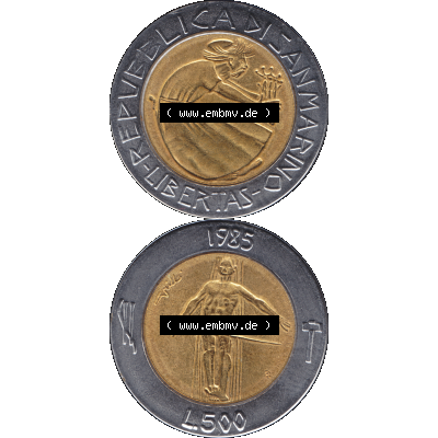 Gedenkmünzen aus San Marino, in PNG 1985-1985, 500 Lire Drogenkrieg 1985-01. Vorderseite und Rückseite vertikal auf einen digitalen Bild der alten Gedenkmünze aus San... Sammlung