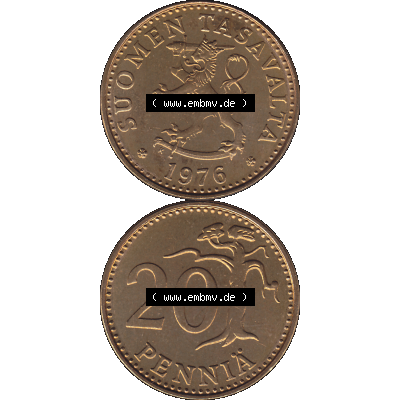 Alte Münzen KMS Finnland, Kursmünzensatz 1976 in Stempelglanz als digitales Computerbild in transparenten PNG 1963-1990, 20 Penny Penniä 1976-1, SUOMEN TASAVALTA.... Sammlung