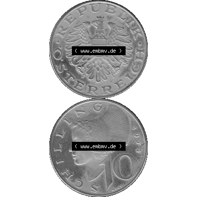 Alte Münze aus KMS Österreich, Kursmünzensatz 1974 in PP 1974-2001, 10 Schilling 1974-01. Vorderseite und Rückseite in Graustufen vertikal auf einen digitalen Bild... Sammlung