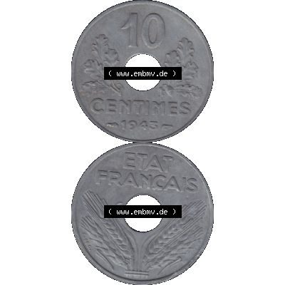 Münzen Frankreich Umlaufmünze in PNG einer Münze aus Frankreich 1941-1943, 10 Centimes, Etat Francais 1943-01. Vorderseite und Rückseite vertikal auf einen digitalen... Sammlung