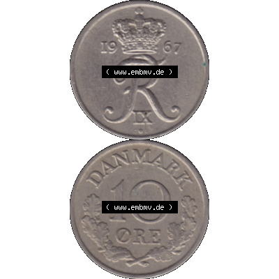 Alte Münze aus Dänemark als PNG-Grafik 1960-1972, 10 Öre 1967-01. Vorderseite und Rückseite vertikal auf einen digitalen Bild der alten dänischen Umlaufmünze... Sammlung