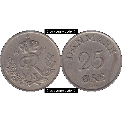 Alte Münze aus Dänemark als PNG-Grafik 1948-1955, 25 Öre 1949-01 Kursmünze. Vorderseite und Rückseite horizontal auf einen digitalen Bild der alten dänischen... Sammlung
