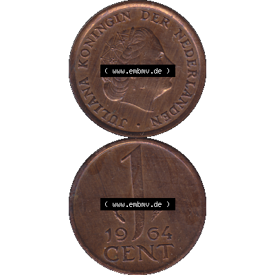 Alte Münze der Niederlande 1951-1975, in PNG digitalisiert 1950-1980, 1 Cent Königin Juliana 1964-02. Vorderseite und Rückseite vertikal auf einen digitalen Bild der alten... Sammlung