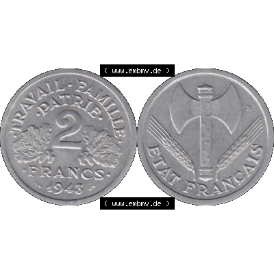 Münzen Frankreich Umlaufmünze in PNG einer Münze aus Frankreich 1943-1944, 2 Francs, Franken 1943-01. Vorderseite und Rückseite horizontal auf einen digitalen Bild... Sammlung