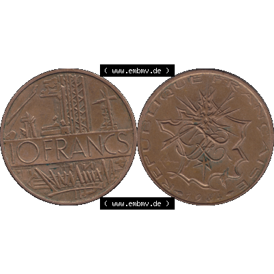 Münzen Frankreich Umlaufmünze 1974-1987, 10 Franken-Francs 1984-01. Vorderseite und Rückseite horizontal auf einen digitalen Bild der alten französischen Umlaufmünze... Sammlung