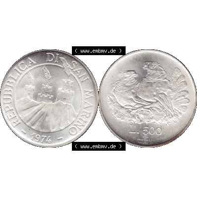 Bildmaterial Münzensatz / KMS 1974 aus San Marino Münze 1974-1974 als transparente PNG-Grafik, 50 Lire Silbermünze, L.500 MINGUZZI MONASSI INC.. Die... Sammlung