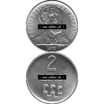 Bildmaterial Münzensatz / KMS 1972 aus San Marino in Graustufen 1972-1972, 2 Lire 1972, 2 LIRE MONASSI REPUBBLICA DI SAN MARINO Graustufen. PNG Computer-Grafik in Graustufen-PNG... Sammlung