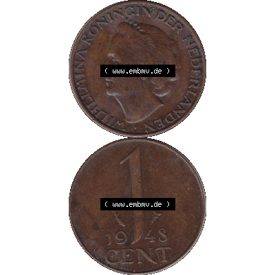 Alte Münze aus der Niederlande 1926-1950, in PNG digitalisiert 1948-1948, 1 Cent Königin Wilhelmina 1948-01. Vorderseite und Rückseite vertikal auf einen digitalen Bild... Sammlung