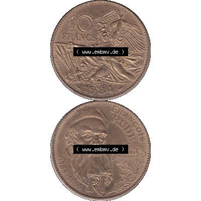 Münzen Frankreich Umlaufmünze 1984-1984, 10 Francs Francois Rude-01 1984-01. Vorderseite und Rückseite vertikal auf einen digitalen Bild der alten französischen Umlaufmünze... Sammlung
