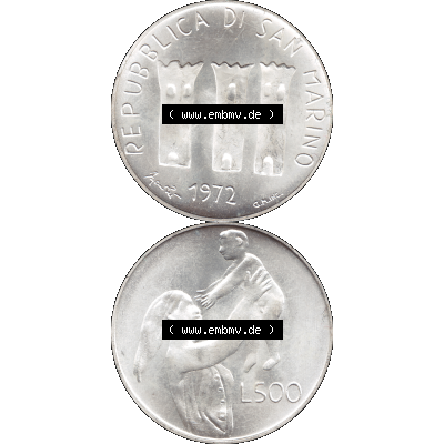 Bildmaterial in PNG-Grafiken Münzensatz / KMS 1972 aus San Marino 1972-1972, Münze 500 Lire 1972 L. 500 REPUBBLICA DI SAN MARINO, Silbermünze. Die digitalisierte... Sammlung
