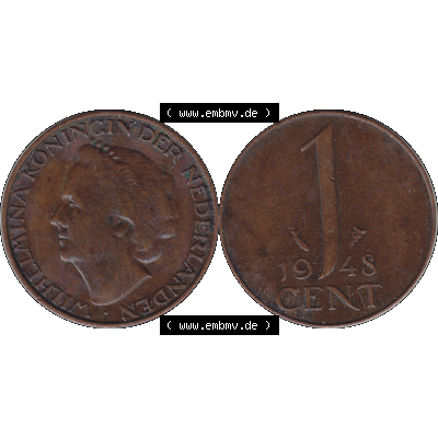 Alte Münze aus der Niederlande 1926-1950, in PNG digitalisiert 1948-1948, 1 Cent Königin Wilhelmina 1948-01. Vorderseite und Rückseite horizontal auf einen digitalen Bild... Sammlung