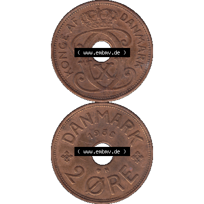 Alte Münze aus Dänemark als PNG-Grafik 1926-1940, 2 Öre 1938-01 Kursmünze. Vorderseite und Rückseite vertikal auf einen digitalen Bild der alten dänischen Umlaufmünze... Sammlung