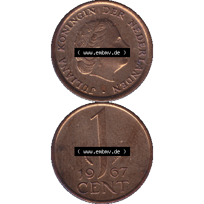 Alte Münze der Niederlande 1951-1975, in PNG digitalisiert 1950-1980, 1 Cent Königin Juliana 1967-01. Vorderseite und Rückseite vertikal auf einen digitalen Bild der alten... Sammlung