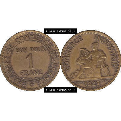 Münzen Frankreich Umlaufmünze in PNG einer Münze aus Frankreich 1920-1927, 1 Francs, Franken 1922-01. Vorderseite und Rückseite horizontal auf einen digitalen Bild... Sammlung