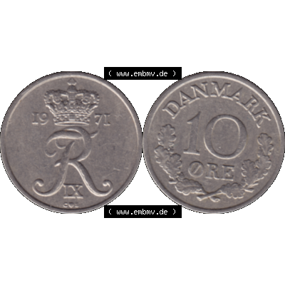 Alte Münze aus Dänemark als PNG-Grafik 1960-1972, 10 Öre 1971-02. Vorderseite und Rückseite horizontal auf einen digitalen Bild der alten dänischen Umlaufmünze... Sammlung