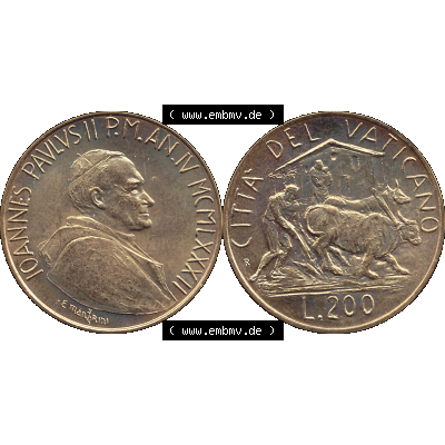 Alte Münze aus der Vatikanstadt / Vatikan als PNG-Grafik Münze Vatikanstadt 1982-1982, 200 Lire, E. MANFRINI IOANNES PAVLVS II P M 1982-01. Vorderseite und Rückseite... Sammlung