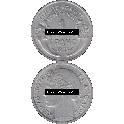 Münzen Frankreich Umlaufmünze in PNG einer Münze aus Frankreich 1941-1959, 1 Francs, Franken 1958-01. Vorderseite und Rückseite vertikal auf einen digitalen Bild... Sammlung