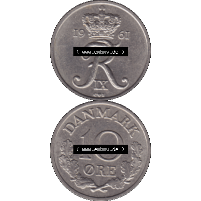 Alte Münze aus Dänemark als PNG-Grafik 1960-1972, 10 Öre 1961-01. Vorderseite und Rückseite vertikal auf einen digitalen Bild der alten dänischen Umlaufmünze... Sammlung