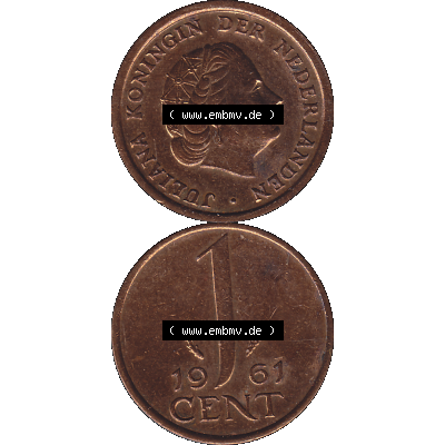 Alte Münze der Niederlande 1951-1975, in PNG digitalisiert 1950-1980, 1 Cent Königin Juliana 1961-01. Vorderseite und Rückseite vertikal auf einen digitalen Bild der alten... Sammlung