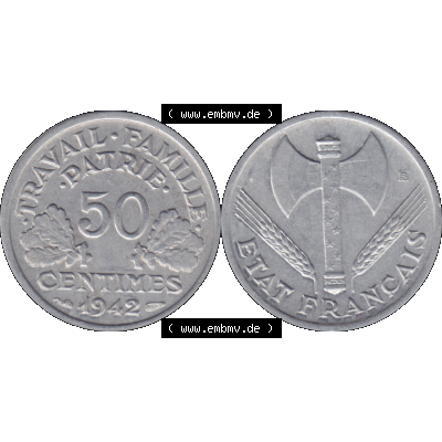 Münzen Frankreich Umlaufmünze in PNG einer Münze aus Frankreich 1942-1944, 50 Centimes, Cent 1942-01. Vorderseite und Rückseite horizontal auf einen digitalen Bild... Sammlung