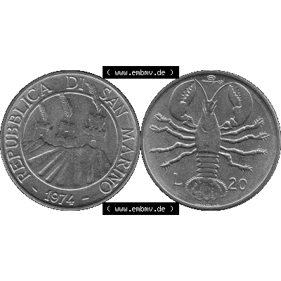 Bildmaterial Münzensatz / KMS 1974 aus San Marino in Graustufen 1974-1974, 20 Lire, L.20 MINGUZZI MONASSI INC. Graustufen. PNG Computer-Grafik in Graustufen einer... Sammlung