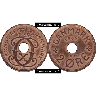 Alte Münze aus Dänemark als PNG-Grafik 1926-1940, 2 Öre 1937-01 Kursmünze. Vorderseite und Rückseite horizontal auf einen digitalen Bild der alten dänischen Umlaufmünze... Sammlung