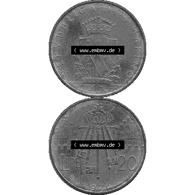 Bildmaterial Münzensatz / KMS 1979 aus San Marino in Graustufen 1979-1979, 20 Lire, J. V. LIBERTAS REPVBBLICA DI S. MARINO, 1979 20 LIRE Graustufen.... Sammlung