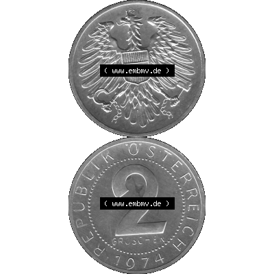 Alte Münze aus KMS Österreich, Kursmünzensatz 1974 in PP 1950-1994, 2 Groschen 1974-01. Vorderseite und Rückseite in Graustufen vertikal auf einen digitalen Bild... Sammlung