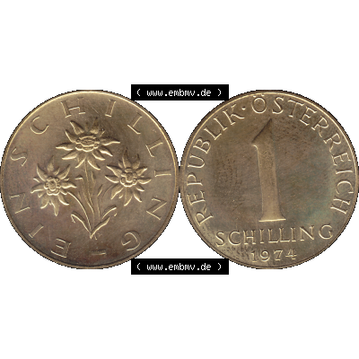 Alte Münze aus KMS Österreich, Kursmünzensatz 1974 in PP 1959-2001, 1 Schilling 1974-01. Vorderseite und Rückseite horizontal auf einen digitalen Bild der alten österreichischen... Sammlung