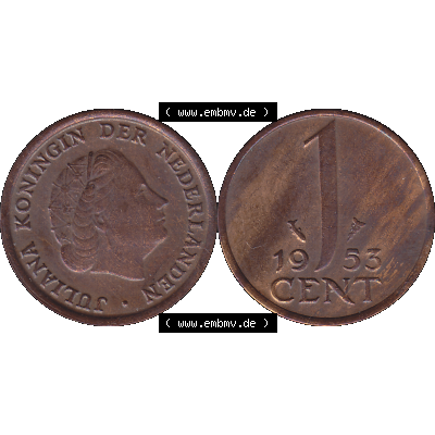 Alte Münze der Niederlande 1951-1975, in PNG digitalisiert 1950-1980, 1 Cent Königin Juliana 1953-01. Vorderseite und Rückseite horizontal auf einen digitalen Bild der... Sammlung