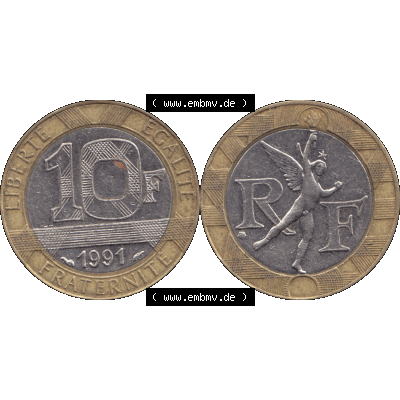 Münzen Frankreich Umlaufmünze 1991-1991, 10 Francs-01 1991-01. Vorderseite und Rückseite horizontal auf einen digitalen Bild der alten französischen Umlaufmünze aus... Sammlung