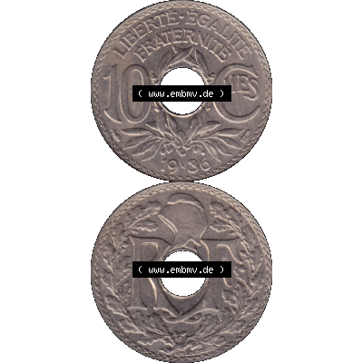 Münzen Frankreich Umlaufmünze in PNG einer Münze aus Frankreich 1917-1938, 10 Centimes, Cent 1936-01. Vorderseite und Rückseite vertikal auf einen digitalen Bild... Sammlung