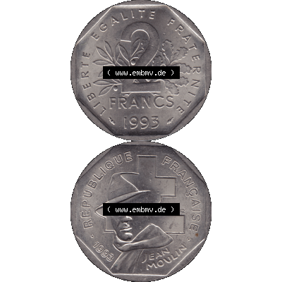 Münzen Frankreich Umlaufmünze 1993-1993, 2 Francs Jean Moulin 1993-01. Vorderseite und Rückseite vertikal auf einen digitalen Bild der alten französischen Umlaufmünze... Sammlung