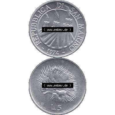 Bildmaterial Münzensatz / KMS 1974 aus San Marino Münze 1974-1974 als transparente PNG-Grafik, 5 Lire, L.5 MINGUZZI MONASSI INC.. Die digitalisierte Münze... Sammlung