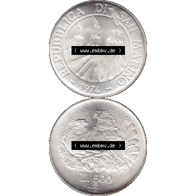 Bildmaterial Münzensatz / KMS 1974 aus San Marino Münze 1974-1974 als transparente PNG-Grafik, 50 Lire Silbermünze, L.500 MINGUZZI MONASSI INC.. Die... Sammlung