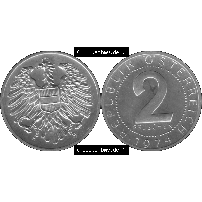 Alte Münze aus KMS Österreich, Kursmünzensatz 1974 in PP 1950-1994, 2 Groschen 1974-01. Vorderseite und Rückseite vertikal auf einen digitalen Graustufen Bild der... Sammlung