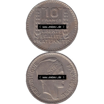 Münzen Frankreich Umlaufmünze in PNG einer Münze aus Frankreich 1947-1949, 10 Francs, Franken 1948-01. Vorderseite und Rückseite vertikal auf einen digitalen Bild... Sammlung
