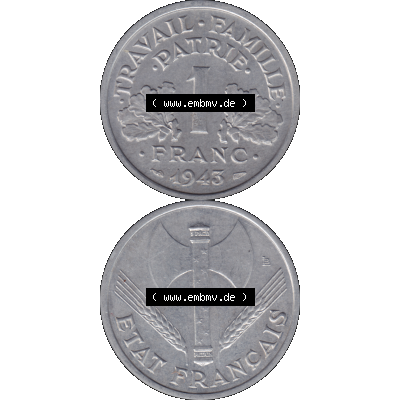 Münzen Frankreich Umlaufmünze in PNG einer Münze aus Frankreich 1942-1944, 1 Franc, Franken 1943-01. Vorderseite und Rückseite vertikal auf einen digitalen Bild der... Sammlung