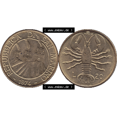 Bildmaterial Münzensatz / KMS 1974 aus San Marino Münze 1974-1974 als transparente PNG-Grafik, 20 Lire, L.20 MINGUZZI MONASSI INC.. Die digitalisierte Münze... Sammlung