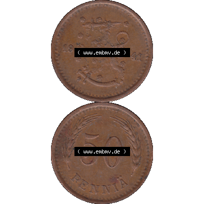 Alte Münzen KMS Finnland, Kursmünzensatz Finnland in transparenten digitalen PNG-Format 1940-1943, 50 Penny, Penniä, Kupfer 1941-1. Die digitalisierte Münze... Sammlung