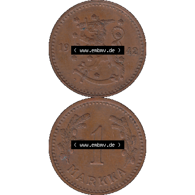 Alte Münzen KMS Finnland, Kursmünzensatz Finnland in transparenten digitalen PNG-Format 1940-1951, 1 finnische Mark, Markka, Kupfer 1942-1. Die digitalisierte Münze... Sammlung