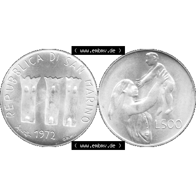 Bildmaterial Münzensatz / KMS 1972 aus San Marino in Graustufen 1972-1972, 500 Lire 1972 L. 500 REPUBBLICA DI SAN MARINO, Silbermünze Graustufen. PNG Computer-Grafik... Sammlung