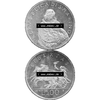 Bildmaterial Münzensatz / KMS 1979 aus San Marino in Graustufen 1979-1979, 500 Lire, Silbermünze J.P. REPVBBLICA DI SAN MARINO, 1979 J.P. L.500... Sammlung
