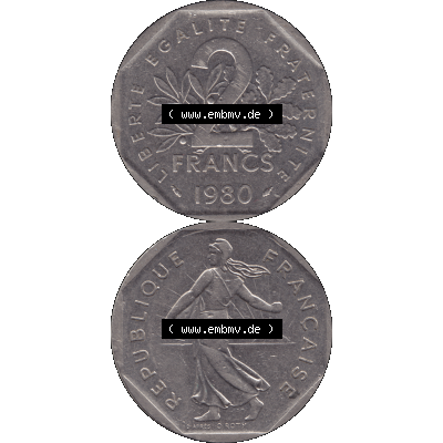 Münzen Frankreich Umlaufmünze 1979-2001, 2 Francs Säerin Semeuse 1980-01. Vorderseite und Rückseite vertikal auf einen digitalen Bild der alten französischen Umlaufmünze... Sammlung