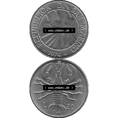 Bildmaterial Münzensatz / KMS 1974 aus San Marino in Graustufen 1974-1974, 20 Lire, L.20 MINGUZZI MONASSI INC. Graustufen. PNG Computer-Grafik in Graustufen-PNG... Sammlung