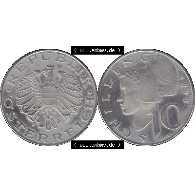 Alte Münze aus KMS Österreich, Kursmünzensatz 1974 in PP 1974-2001, 10 Schilling 1974-01. Vorderseite und Rückseite horizontal auf einen digitalen Bild der alten... Sammlung