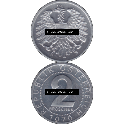 Alte Münze aus Österreich, in PNG digitalisiert 1950-1994, 2 Groschen 1976-01. Vorderseite und Rückseite vertikal auf einen digitalen Bild der alten österreichischen... Sammlung