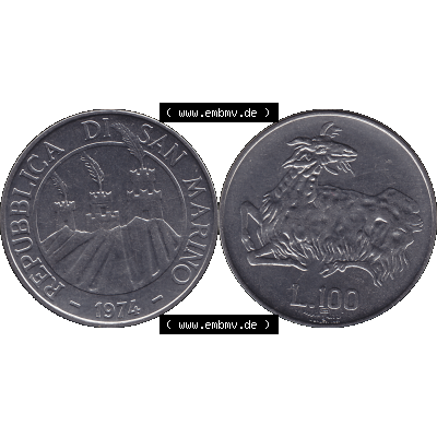 Bildmaterial Münzensatz / KMS 1974 aus San Marino Münze 1974-1974 als transparente PNG-Grafik, 100 Lire, L.100 MINGUZZI MONASSI INC.. Die digitalisierte Münze... Sammlung